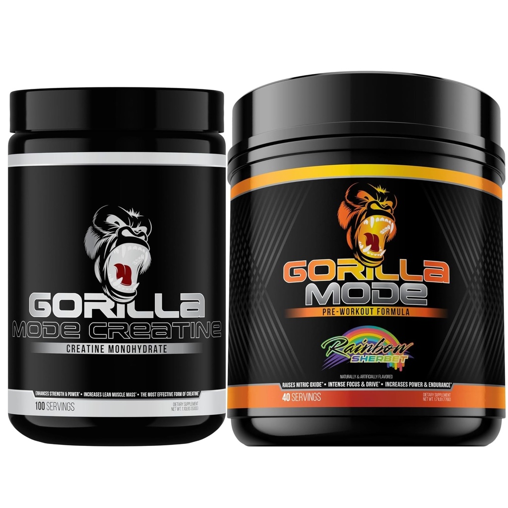 Gorilla Mode Creatine Monohydrate Micronized Powder & Pre workout (Ουράνιο τόξο Sherbert)- Μαζικές αντλίες 