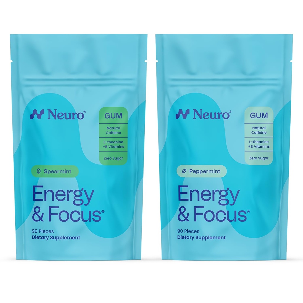 Neuro Energy & Focus Duo – 90 Count Spearmint + 90 Count Peppermint – Sugar Free Nootropic Chewing Gum with Natural Caffeine, L-Theanine & B-Vitamins for Alertness, Clarity & Mental Performance