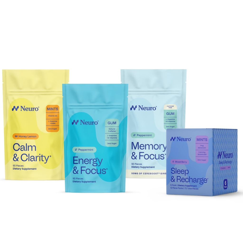 Neuro Day to Night Brain Support Bundle - Energy & Focus Gum, Memory & Focus Gum (Peppermint, 90 Count), Sleep & Recharge Mints (Mixed Berry, 72 Count), Calm & Clarity Mints (Honey Lemon, 90 Count)