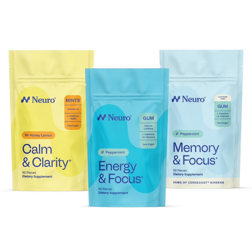 Neuro Cognitive Balance Bundle - Memory & Focus Nootropic Gum (Peppermint, 90 Count), Sleep & Recharge Μελατονίνη Mints (Berry, 72 Count), Calm & Clarity Stress Support Mints (Mints Honey Lemon, 90 Count)