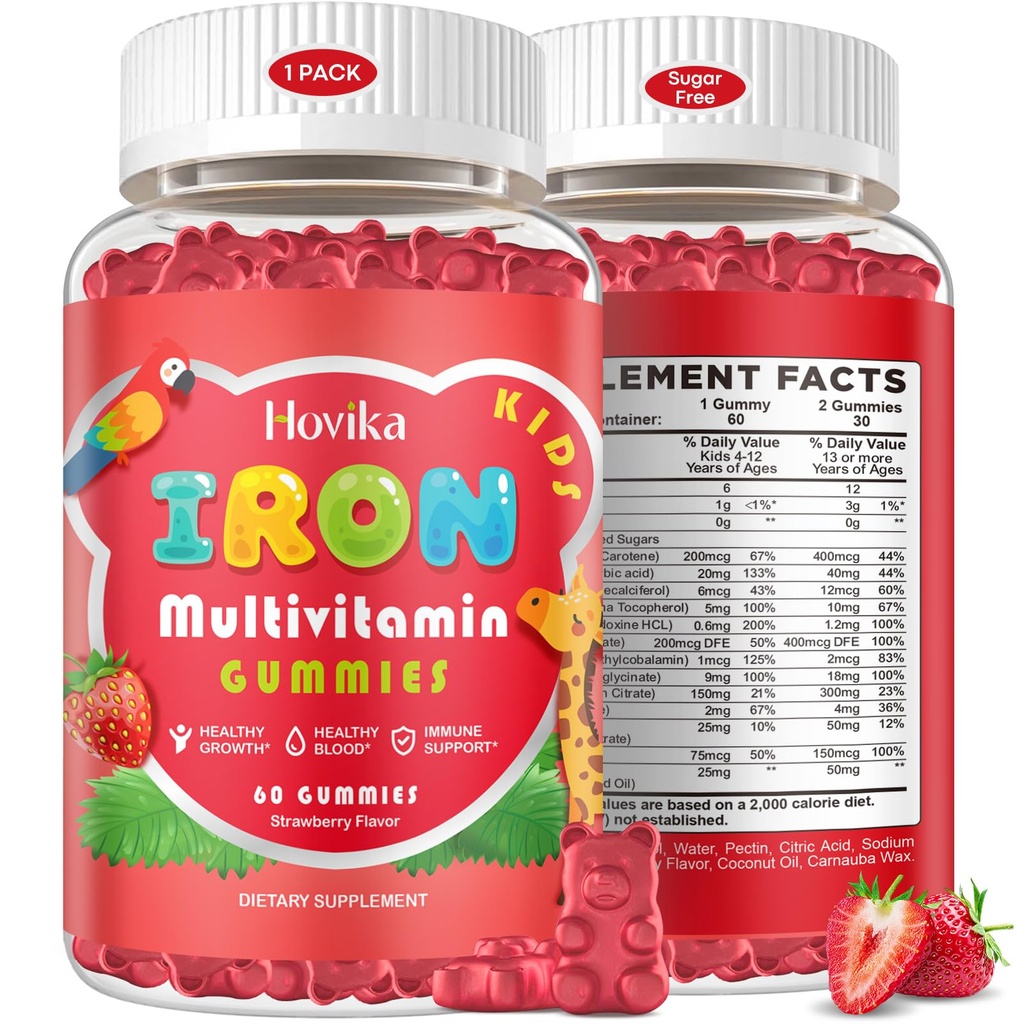Συμπληρώματα σιδήρου Gummies για παιδιά με πολυβιταμίνη, ασβέστιο, ψευδάργυρος, φολικό - παιδιά Iron Gummies Υποστήριξη ανοσοποιητικό, blood Builder, έλλειψη σιδήρου, αναιμία & ενέργεια - Vegan, φράουλα 60 Count