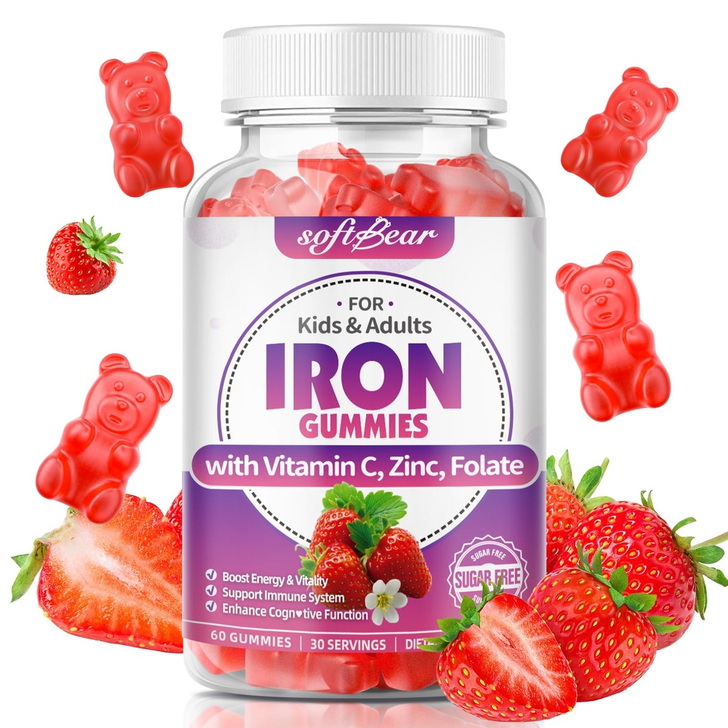 softbear Iron Gummies για γυναίκες & άνδρες & παιδιά, Μασώμενα συμπληρώματα σιδήρου με βιταμίνη C,B3,B5,B6,B12 Υποστηρίζει ανοσοποιητικό σύστημα, ενέργεια & ζωτικότητα, ζάχαρη-ελεύθερο / Βέγκαν, Φράουλα Γεύση 60 Count