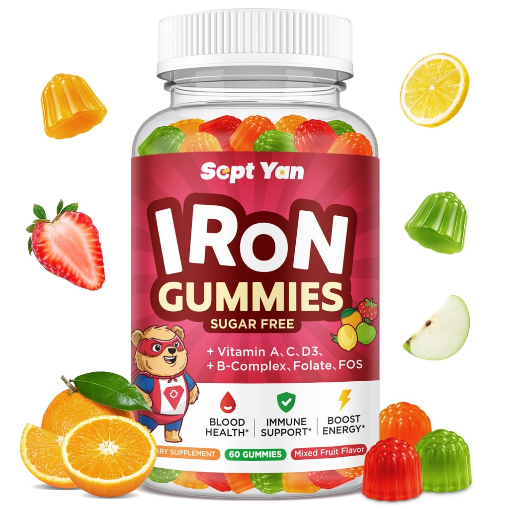 Συμπληρώματα σιδήρου Gummies για παιδιά, παιδιά πολυβιταμίνη με σίδηρο - βιταμίνη B Complex, C, D3, ασβέστιο, φολικό, ψευδάργυρος, FOS για Blood Builder & Energy Support, έλλειψη σιδήρου, Vegan, mixed Fruit Flavor, 60 ct