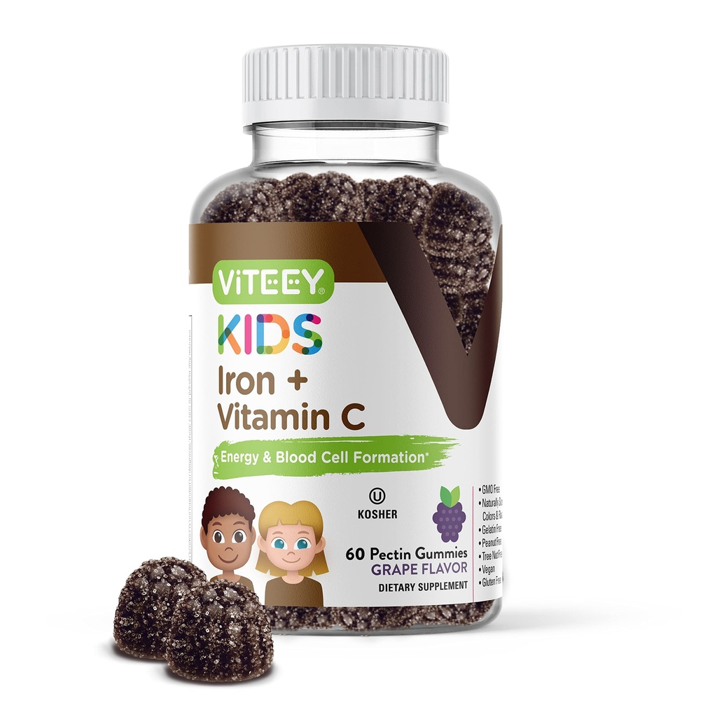Viteey Iron Gummies for Kids with Vitamin C - Υποστηρίζει την ενέργεια, τη σύνθεση κυττάρων αίματος, Blood Builder Anemia Kids Iron Supplements - Vegan, Gelatin Free, Gluten Free - Νόστιμο Μαυστικό Σταφύλι Γεύση