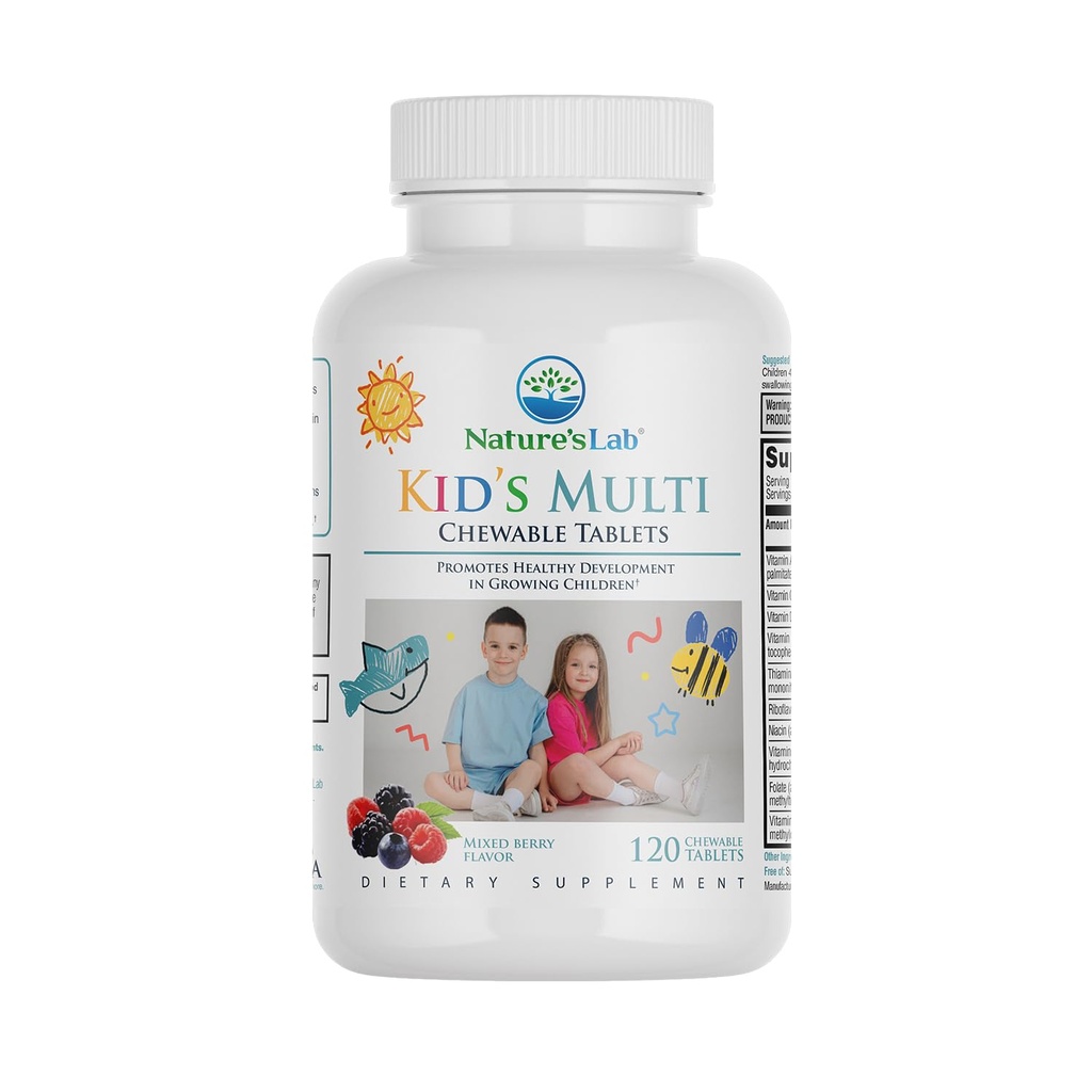 Nature's Lab Kid's Multi Natural Μασώμενες Βιταμίνες - Πλήρης Παιδική Πολυβιταμίνη με Σιδήρο, Μαγνήσιο, Ψευδάργυρο & Ασβέστιο - Μικτή Γεύση μούρου - 120 Δισκία για Ηλικίες 2+