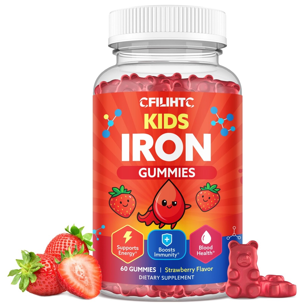 Iron Gummies for Kids & Teens, Kids Multivitamin with Iron Supplement, Calcium, Folate, Zinc, Prebiotic - for Blood Builder & Energy Support, Iron Deficiency - Vegan & Non-GMO - 60 Count Strawberry