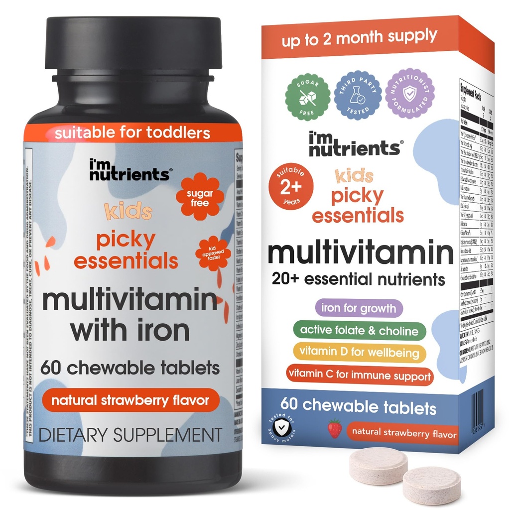 Picky Essentials Kids Multivitamin with Iron + Zinc | 20+ Essential Nutrients | Ages 2+ | Naturally Strawberry Flavored | Vitamins and Minerals A, C, D3, Bs | No Added Sugar | 60 Chewable Tablets