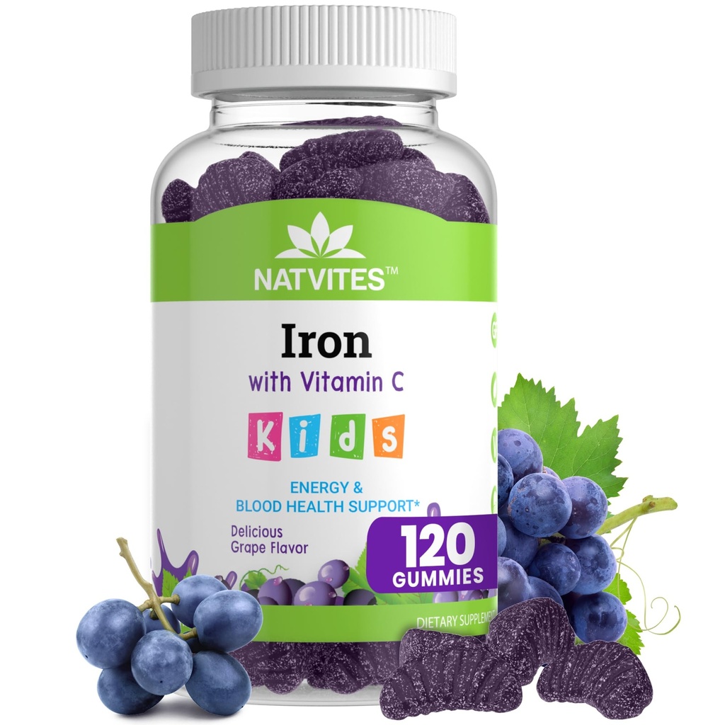 Παιδιά Iron Gummies με βιταμίνη C - Νοστιμότατο άρωμα σταφυλιού - Ενέργεια & Υποστήριξη για την Υγεία του Αίματος - Χωρίς γλουτένη Μη ΓΤΟ Παιδικό συμπλήρωμα σιδήρου για παιδιά και τοντάρια ηλικίας 2+ (120 κόμης)