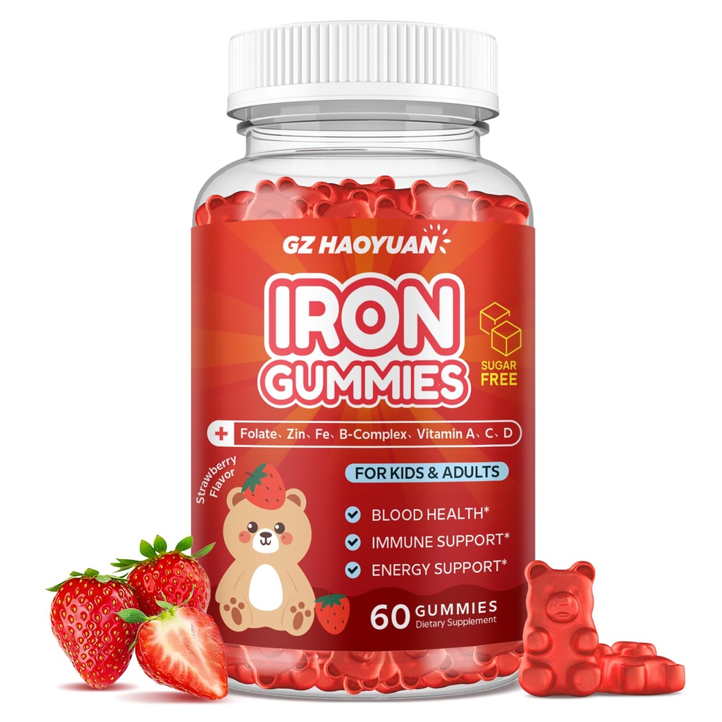 Συμπληρώματα σιδήρου Gummies για τα παιδιά, παιδιά πολυβιταμίνη με σίδηρο - ψευδάργυρος, βιταμίνη Β Complex, A, C, D, B6, B12, εκχύλισμα κουρκουμά, βιοτίνη για Builder & Energy Support, έλλειψη σιδήρου, Vegan 60 ct