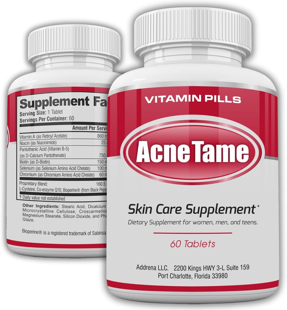Acne Pills- Acne Tame Συμπλήρωμα- Διαυγές χάπι βιταμινών του δέρματος για λιπαρή θεραπεία του δέρματος, ορμονικές κηλίδες, αντισημιτικά σημεία & κυστική ακμή Συμπληρώματα για γυναίκες, άνδρες, εφήβους και ενήλικες- 60 δισκία από το στόμα