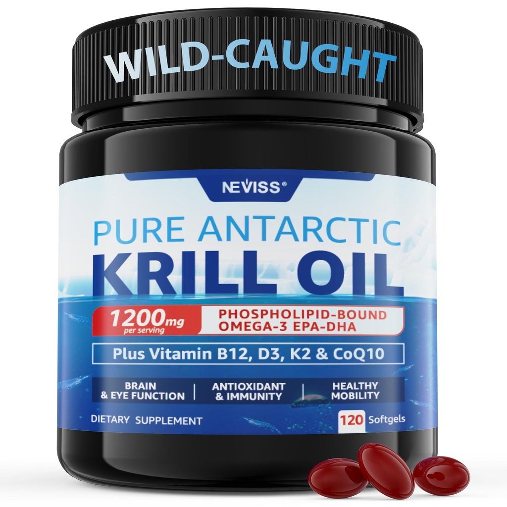 Έλαιο κριλ Ανταρκτικής 1200 mg Συμπλήρωμα Ωμέγα 3, Ωμέγα 3 Κριλ Λάδι Softgels w/EPA, DHA, Ασταξανθίνη & Φωσφολιπίδια για τον εγκέφαλο & αντιοξειδωτικό, Με Βιώσιμη προέλευση, Χωρίς Αλιευτική Επίγευση, 120 Softgels