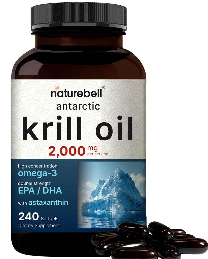 NatureBell Antarctic Krill Oil 2000mg Συμπλήρωμα, 240 Softgels, 3X Δύναμη Φυσική Πηγή Ωμέγα-3s, EPA 240mg + DHA 160mg + Ασταξανθίνη 800mcg – Δεν Ψάρια Επίγευση – Ερμής Χωρίς & Μη ΓΤΟ