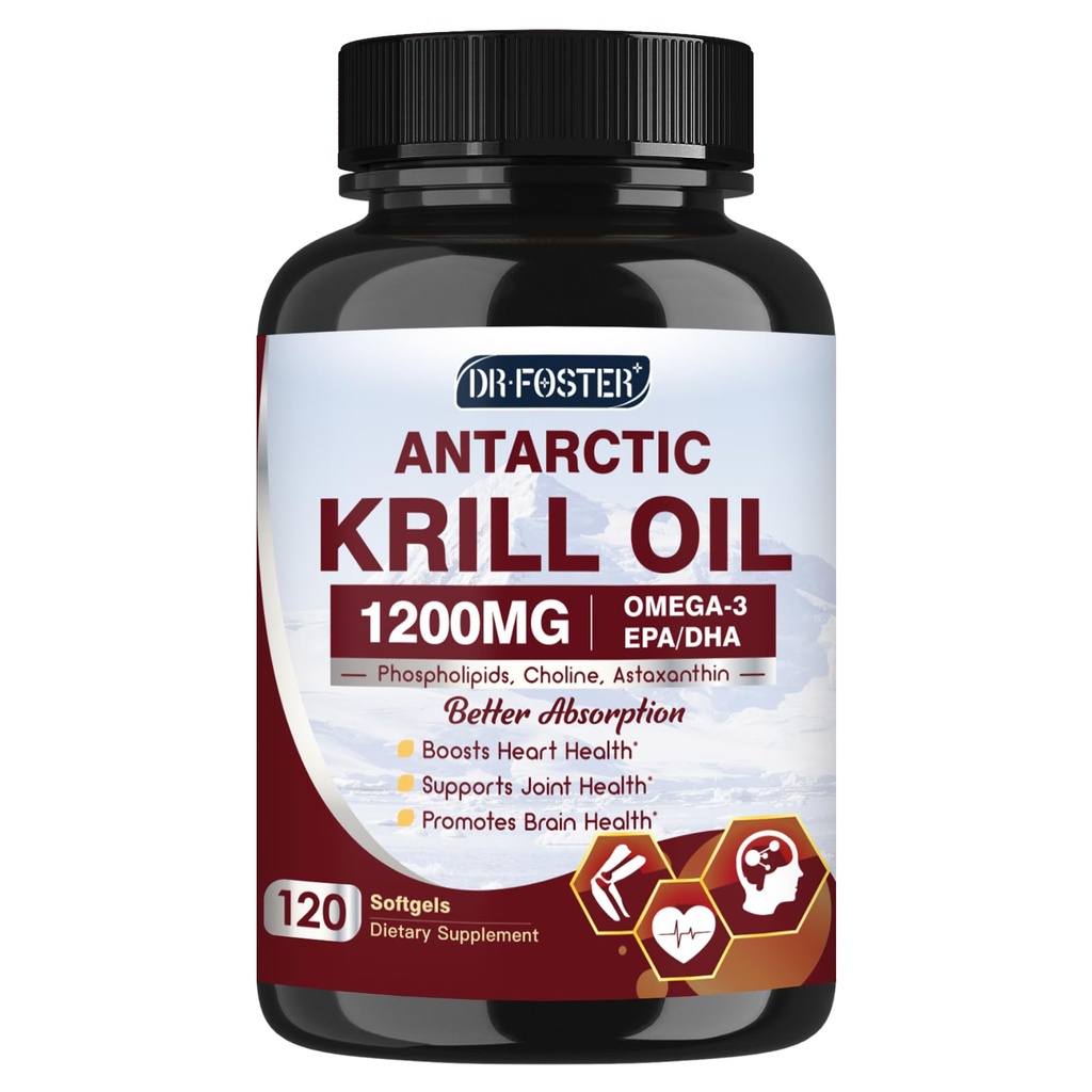 Krill Oil 1200mg, Antarctic Krill Oil Omega 3 Supplement with EPA, DHA，Astaxanthin & Phospholipids for Heart & Brain & Joint Health, No Fishy Aftertaste,120 Softgels (60 Servings)