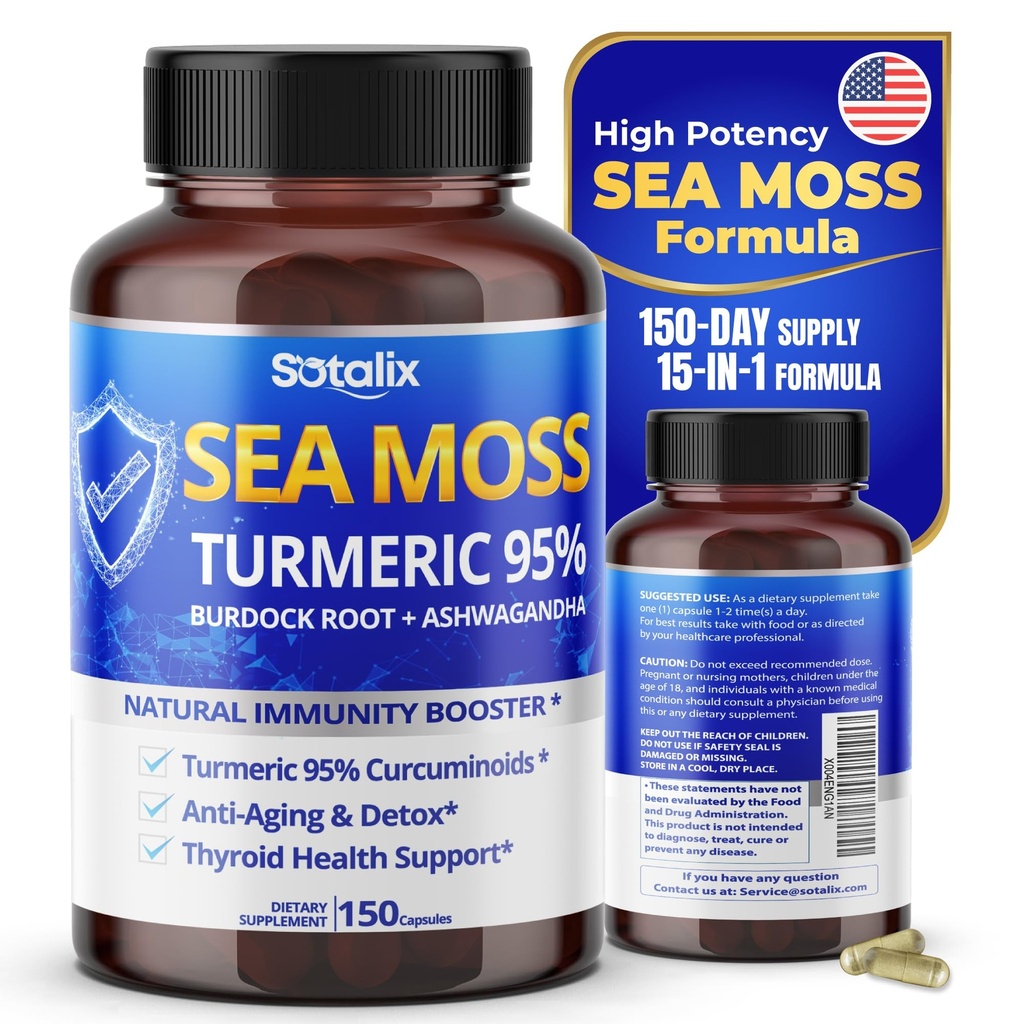 Sotalix Sea Moss Κάψουλα με Ashwagandha, Burdock Root, Bladderwrack, Turmeric - Ισχυρό Φυσικό Booster Ανοσίας - USA Made (150 Count (Pack of 1))