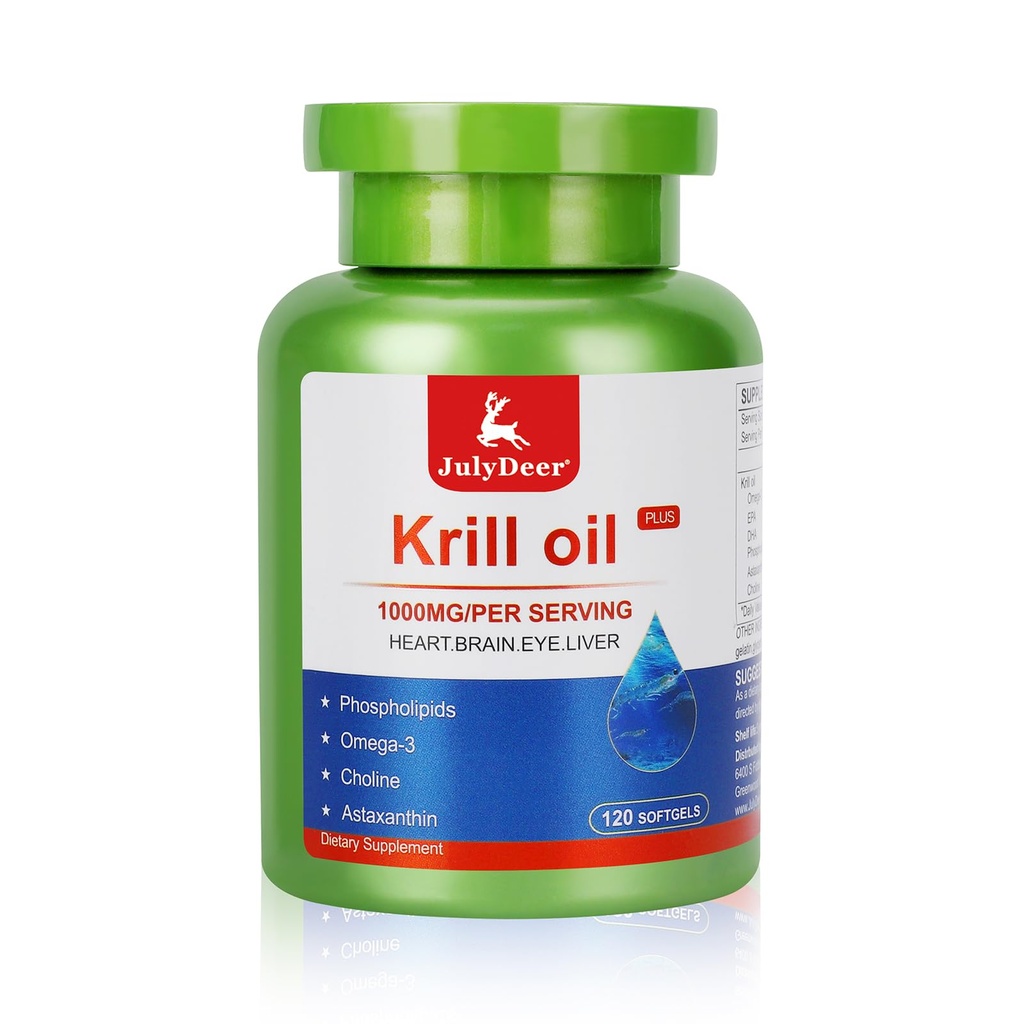 JulyDeer Krill Oil 1000 mg με Omega-3s EPA, DHA, Ασταξανθίνη και φωσφολιπίδια 120 συμπλήρωμα Softgels, Ανταρκτική Krill Δεν Fishy Επίγευση για την κοινή, καρδιά, εγκέφαλο και ασυλία