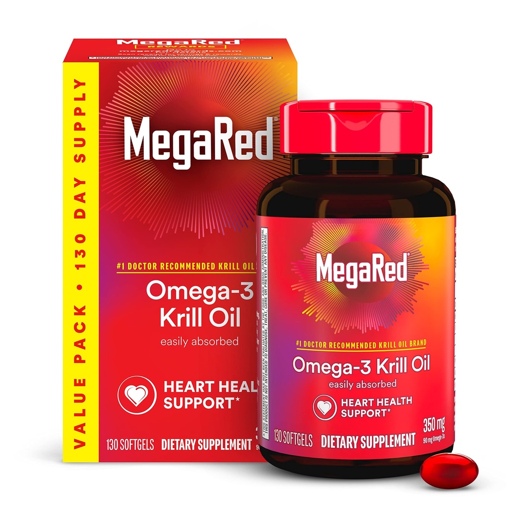 MegaRed - Omega-3 Krill Oil 350mg Softgels (130 Count in A Bottle), EPA & DHA Ωμέγα-3 Λιπαρά Οξέα με καμία ψαρική επίγευση Σε αντίθεση με το ιχθυέλαιο, Περιέχει Αντιοξειδωτική Ασταξανθίνη