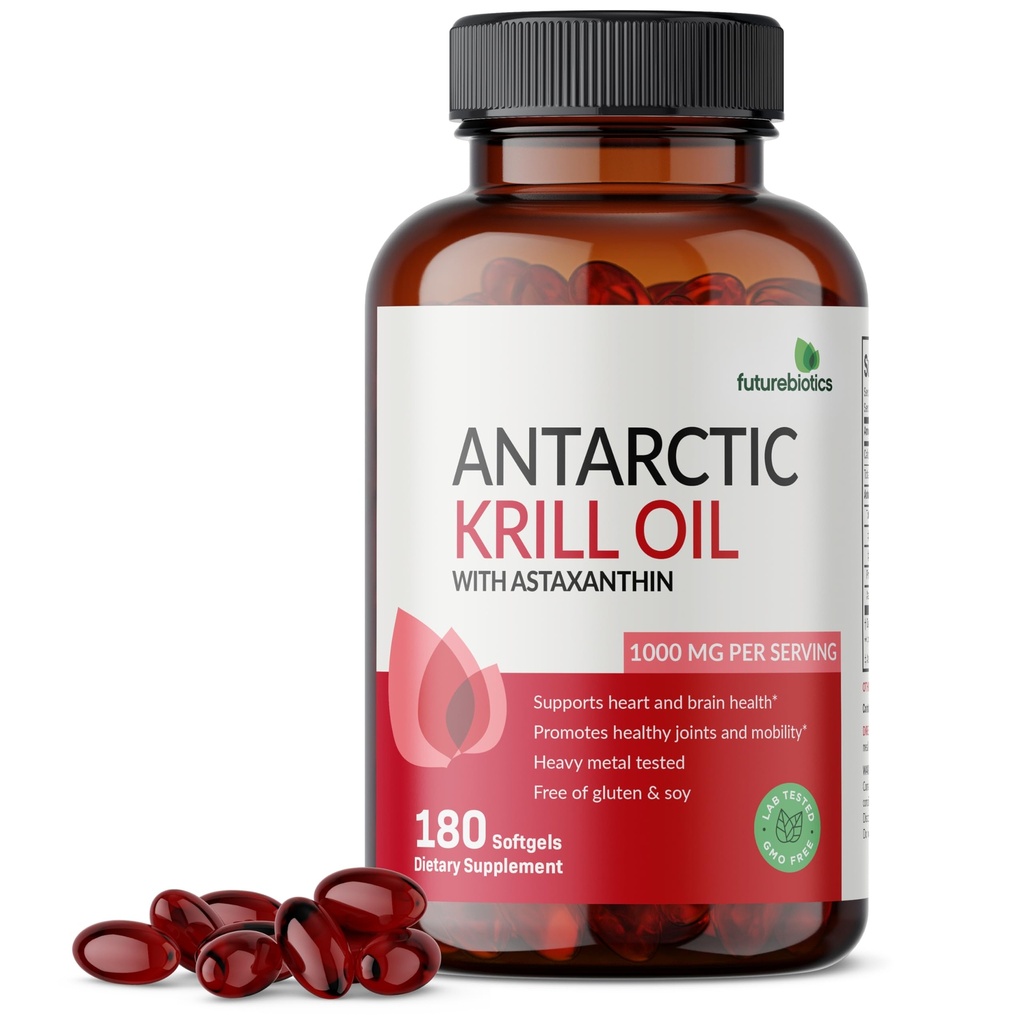 Futurebiotics Antarctic Krill Oil 1000mg με Omega-3s EPA, DHA, Ασταξανθίνη και φωσφολιπίδια - 100% Pure Premium Krill Oil Heavy Metal Tested, Non GMO – 180 Softgels (90 Servings)