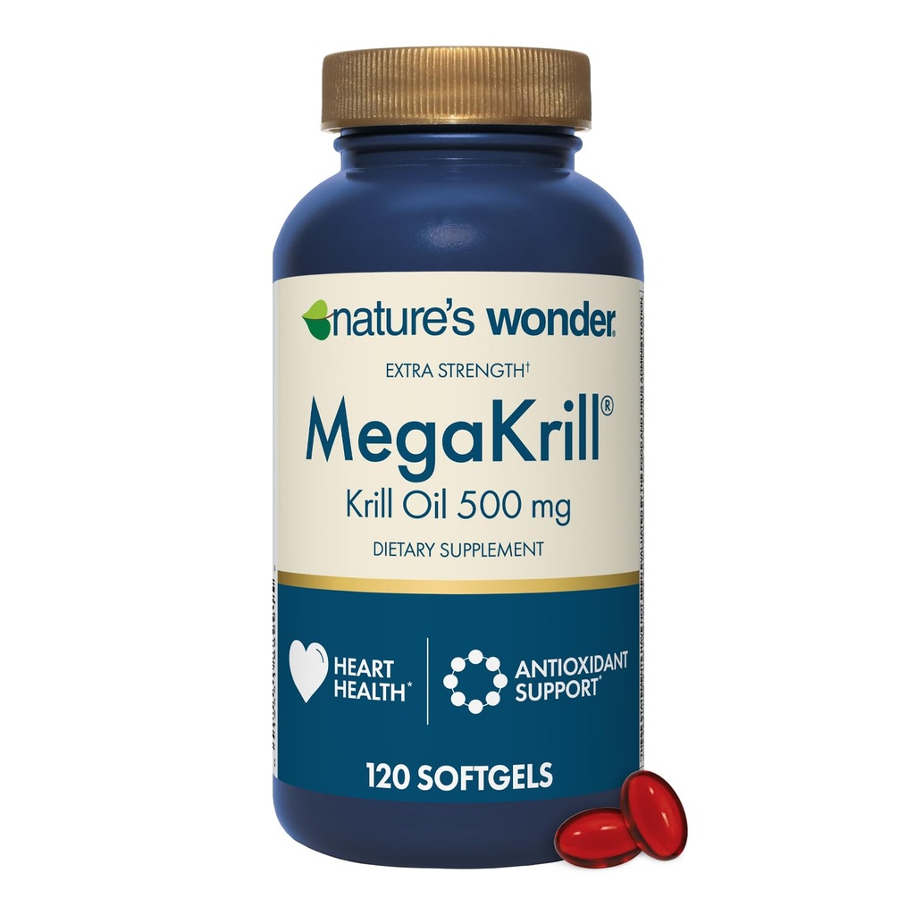 Nature's Wonder Mega Krill Extra Strength Krill Oil 500mg με Ωμέγα 3 Φωσφολιπίδια και Ασταξανθίνη, Υποστηρίζει την υγεία της καρδιάς, 120 Ημέρα προσφοράς Softgels