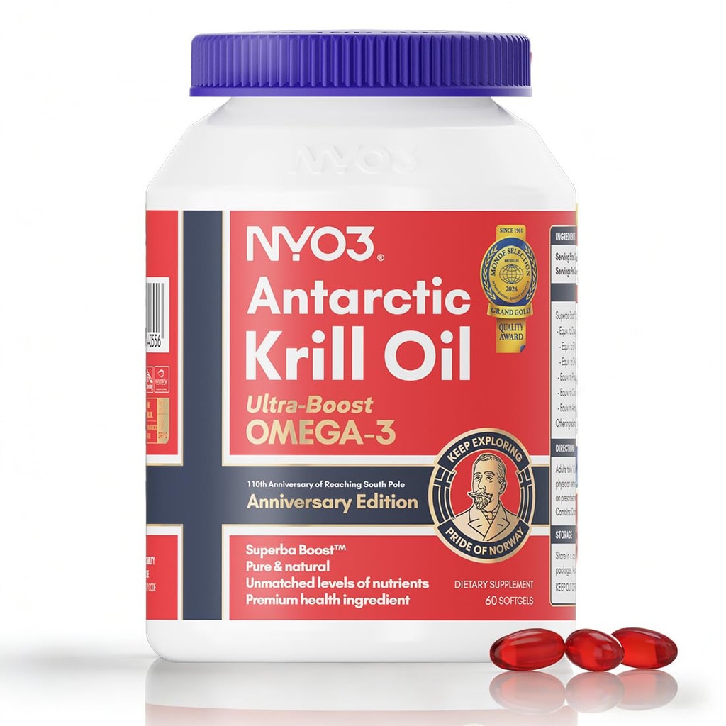 NYO3 Krill Oil 1000mg Omega 3 Supplement, 56% Phospholipids for 98% Absorption, Antarctic Superba Boost Krill Oil, High EPA & DHA for Heart Brain Blood Lipid Health, No Fishy Burps, 60 Softgels