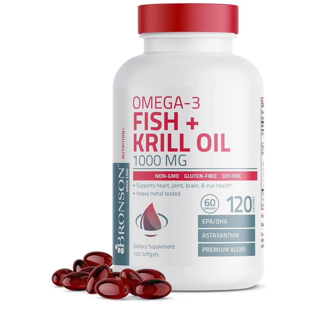 Bronson Omega-3 Fish + Krill Oil 1000 MG EPA DHA Aspaxanthin Premium Blend - Κοινή, Εγκεφαλική & Οφθαλμική Υγεία - Μη ΓΤΟ, Heavy Metal Tested, 120 Softgels
