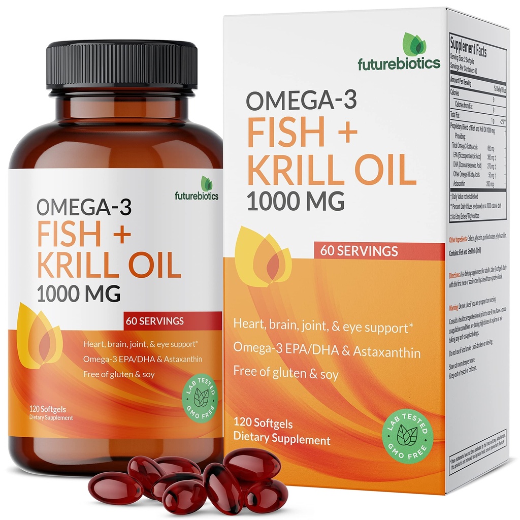 Futurebiotics Omega-3 Fish + Krill Oil 1000 MG Omega-3 EPA/DHA & Ασταξανθίνη - Μη ΓΤΟ, 120 Softgels (60 Services)