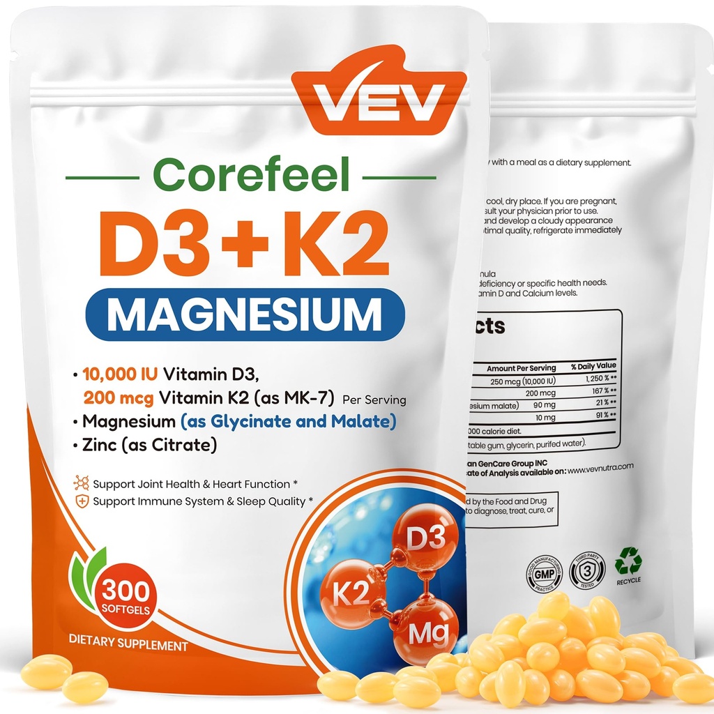 VEV Corefeel Βιταμίνη D3 K2 10.000 IU Συμπλήρωμα μαγνησίου – με Βιταμίνη D και K (MK-7), Γλυκινικό μαγνήσιο & Κακό, Κιτρικό ψευδάργυρο – 300 Softgels για την Ενέργεια, τα οστά και την υποστήριξη των μυών
