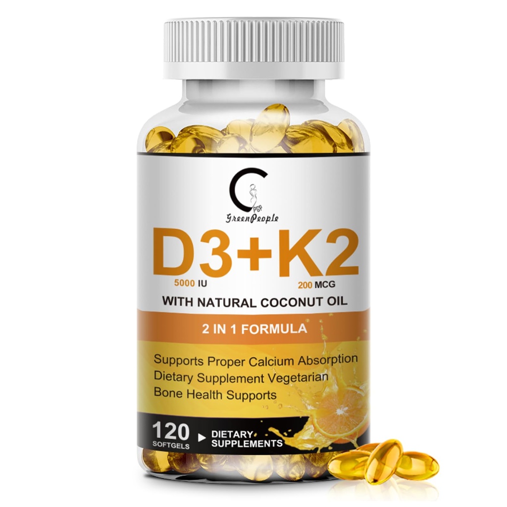 Vitamin D3 K2 Supplement with Vitamin D3 5000 IU, 200 mcg Vitamin K2 MK-7 & Natural Coconut Oil, Plant Based 2-1 Formula for Bone, Teeth, Muscle and Immune Health Support,120 Softgel Capsules