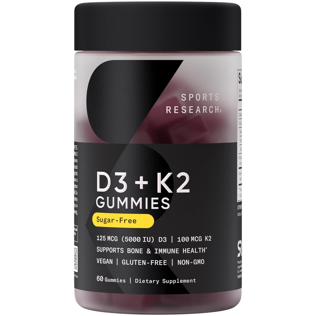 Sports Research® Vegan Vitamin D3 + K2 Sugar-Free Gummies - 125mcg (5000iu) Vitamin D w/ 100mcg Mk7 Vitamin K - Υποστηρίζει την υγεία των οστών και του ανοσοποιητικού * - Vegan Certified · Μη-GMO · Soy Free - 60 Count