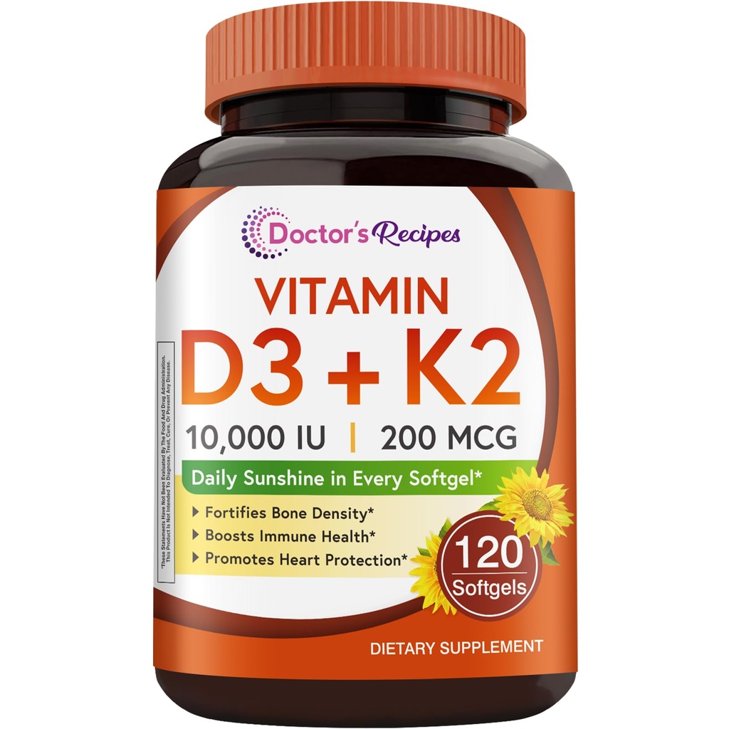 Συνταγές γιατρού Βιταμίνη D3 K2, 10.000 IU, 200 mcg, MK-7, Ισχυρή πυκνότητα οστών, δόντια, ανοσοποιητικό, υποστήριξη καρδιάς, ενέργεια, απορρόφηση ασβεστίου, χωρίς σόγια & γλουτένη, μη GMO, 120 Softgels