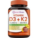 Συνταγές γιατρού Βιταμίνη D3 K2, 10.000 IU, 200 mcg, MK-7, Ισχυρή πυκνότητα οστών, δόντια, ανοσοποιητικό, υποστήριξη καρδιάς, ενέργεια, απορρόφηση ασβεστίου, χωρίς σόγια & γλουτένη, μη GMO, 120 Softgels