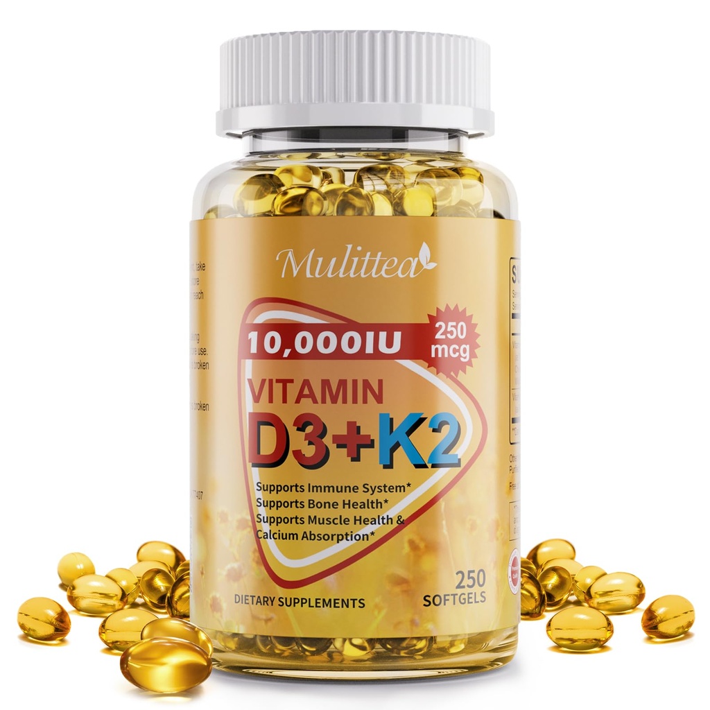 Plant-Based D3 K2 Vitamin 10000 IU w/ Virgin Coconut MCT Oil - 200 mcg MK7 Vitamin K2, Non-GMO for Ultimate Absorption - Bone, Immune & Heart Health - Easy to Swallow D & K Supplement - 250 Softgels