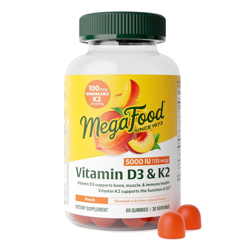 MegaFood Vitamin D3 K2 Gummies - Vitamin D 5000 IU for Bone & Immune Health Plus Support for Optimal Calcium Absorption - Peach Flavor, Pectin Based - 60 Vegetarian D3 and K2 Supplements, 30 Servings