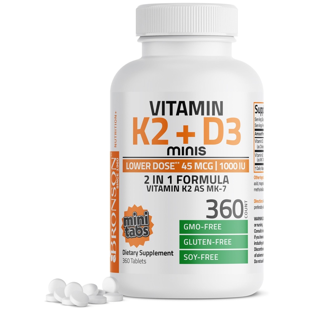 Bronson Vitamin K2 (MK7) with D3 Lower Dose 45mcg Vitamin K2 & 1000 IU Vitamin D3 Easy to Swallow Daily Maintenance 2 in 1 Formula Non-GMO, 360 Mini Tablets