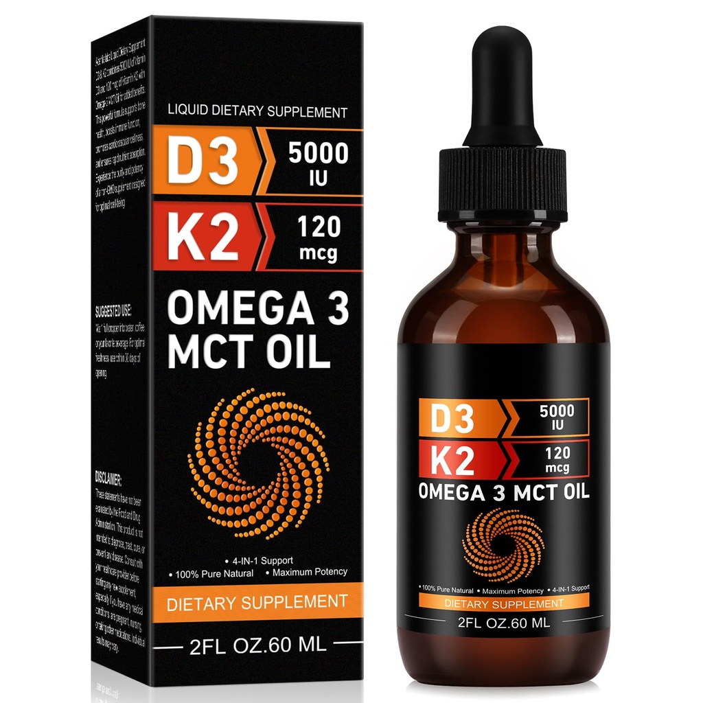 Daiasns Vitamin D3 5000 IU & K2 (MK-7) 120 mcg 60ml Drops with MCT Oil Omega 3, Liquid Vitamin D3 & K2 Supplements - 2 Months Supply -Supports Bones, Teeth, Mood & Immune System, Calcium Absorption