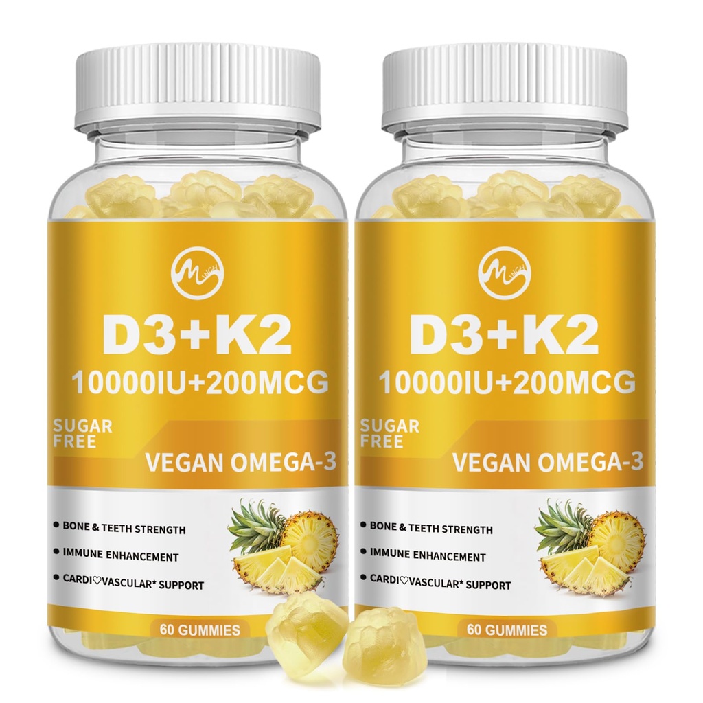 M inch Βιταμίνη D3 K2 Gummies, Βιταμίνη D3 10000IU, K2 (MK-7) 200mcg, 6-in-1 Βιταμίνη D3 con K2 συμπλήρωμα με Omega-3 για γυναίκες και άνδρες - Οστά, δόντια & ανοσοποιητική υποστήριξη, ζάχαρη δωρεάν, 2 συσκευασία