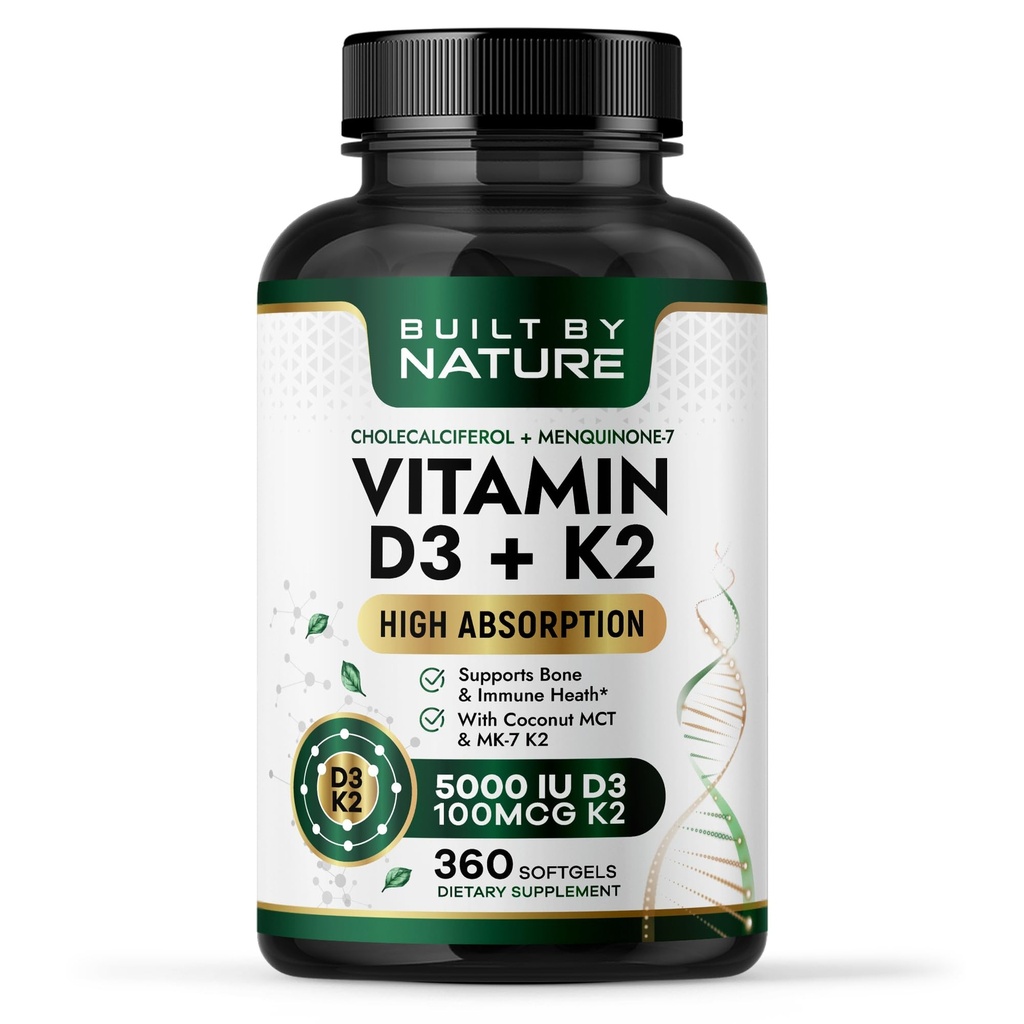 Χτισμένο από τη φύση Βιταμίνη D3 K2 5000 IU + 100 mcg MK-7 - Επιπλέον δύναμη, υψηλή απορρόφηση - Οστό, καρδιά & ανοσοποιητική υποστήριξη - λάδι καρύδας MCT - μη GMO – 1 έτος προσφοράς - 360 Softgels