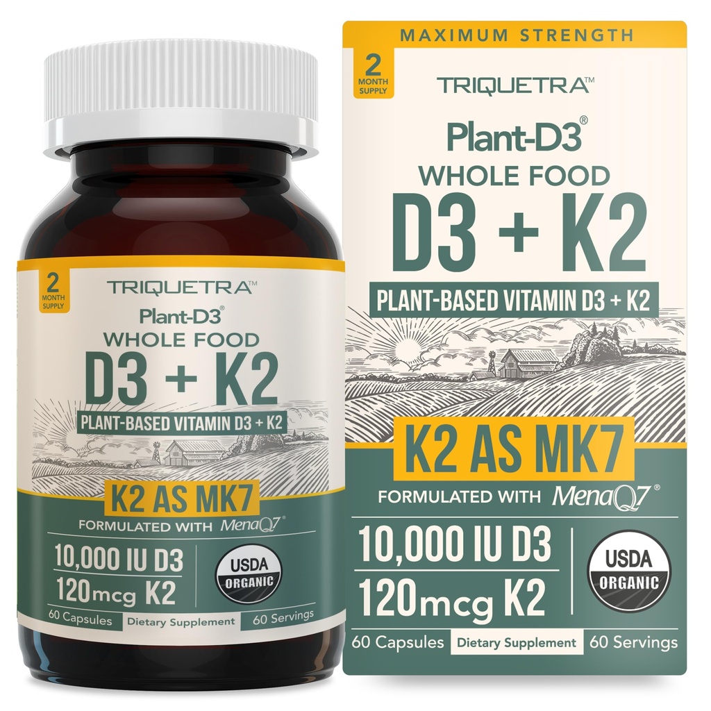 Organic Plant D3 + K2 | 10000 IU D3 + 120 mcg K2 as All-Trans MK7 from MenaQ7® - 100% Whole Food, Raw & Vegan | Enhanced Digestion with Prebiotic & Superfood Complex – D3 from Organic Algae (60 Count)