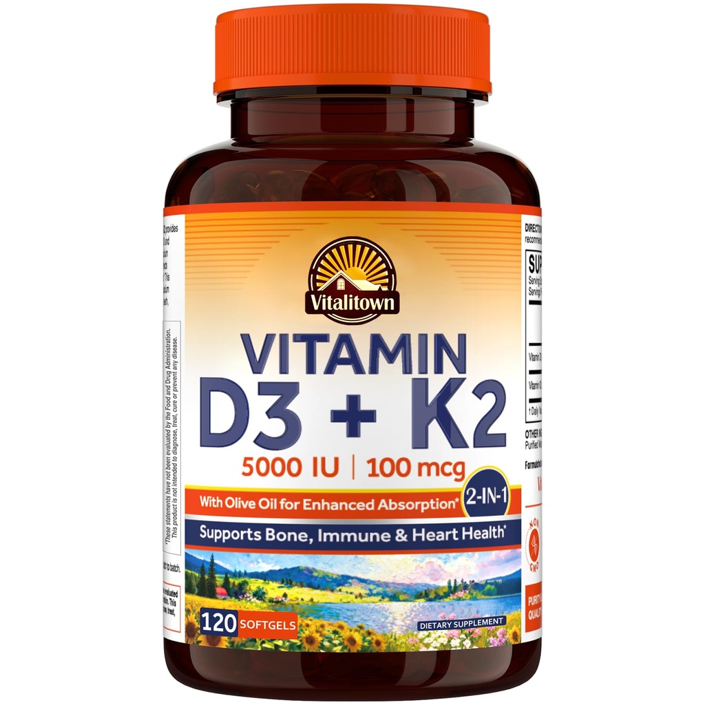 Vitalitown Vitamin D3 K2 Supplement, D3 5000 IU, Vitamin K2 MK-7 100 mcg, Non-GMO, No Gluten & Soy, for Bone, Teeth, Immune & Heart Health, 120 Softgels