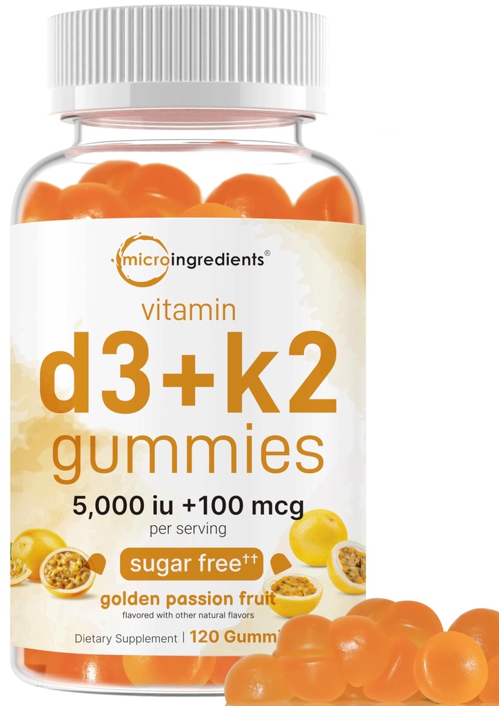 Micro Ingredients Vitamin D3 K2 Gummies, 120 Count | 5,000 IU Vitamin D + 100 mcg K2 MK-7 | Bone, Immune & Heart Health Supplements* | Sugar Free Golden Passion Fruit Flavor | Non-GMO, Gluten Free
