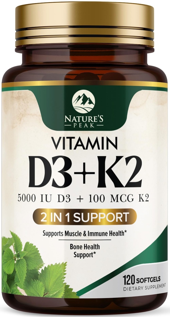 D3 K2 Βιταμίνη - Βιταμίνη D3 5000 IU ανά Softgel - Συμπλήρωμα βιταμίνης D3 υψηλής ισχύος - 2-σε-1 Σύμπλεξη βιταμίνης D & βιταμίνης K2 (MK7) - Εύκολη κατάποση, Οστική & Ανοσολογική Υποστήριξη - Εμφιαλωμένες ΗΠΑ - 120 Softgels