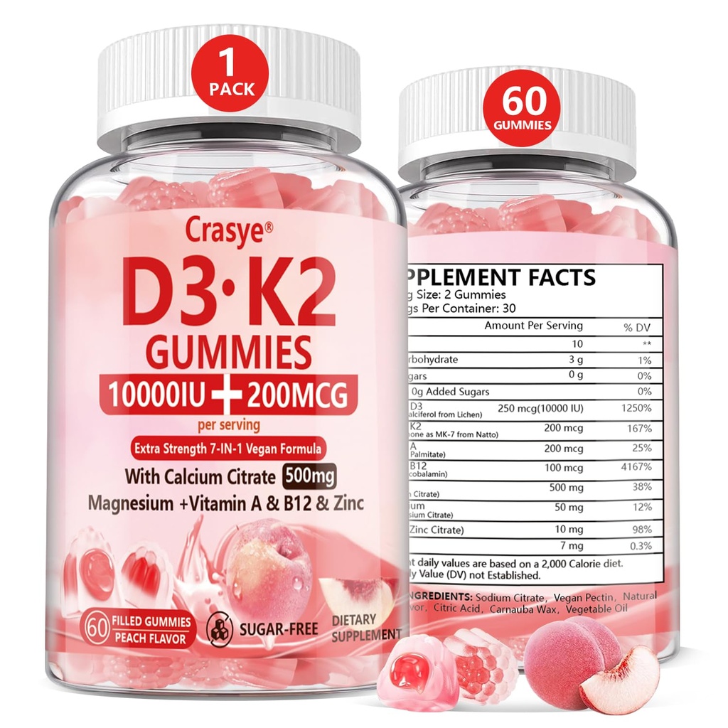 Vitamin D3 K2 Gummies 10000 IU with 500mg Calcium Magnesium Zinc Gummy Sugar Free ADK+Vitamin B12 Supplements for Women and Men Bones, Muscles, Teeth Peach Flavor - 60 Gummies - 30 Servings
