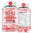 Vitamin D3 K2 Gummies 10000 IU with 500mg Calcium Magnesium Zinc Gummy Sugar Free ADK+Vitamin B12 Supplements for Women and Men Bones, Muscles, Teeth Peach Flavor - 60 Gummies - 30 Servings
