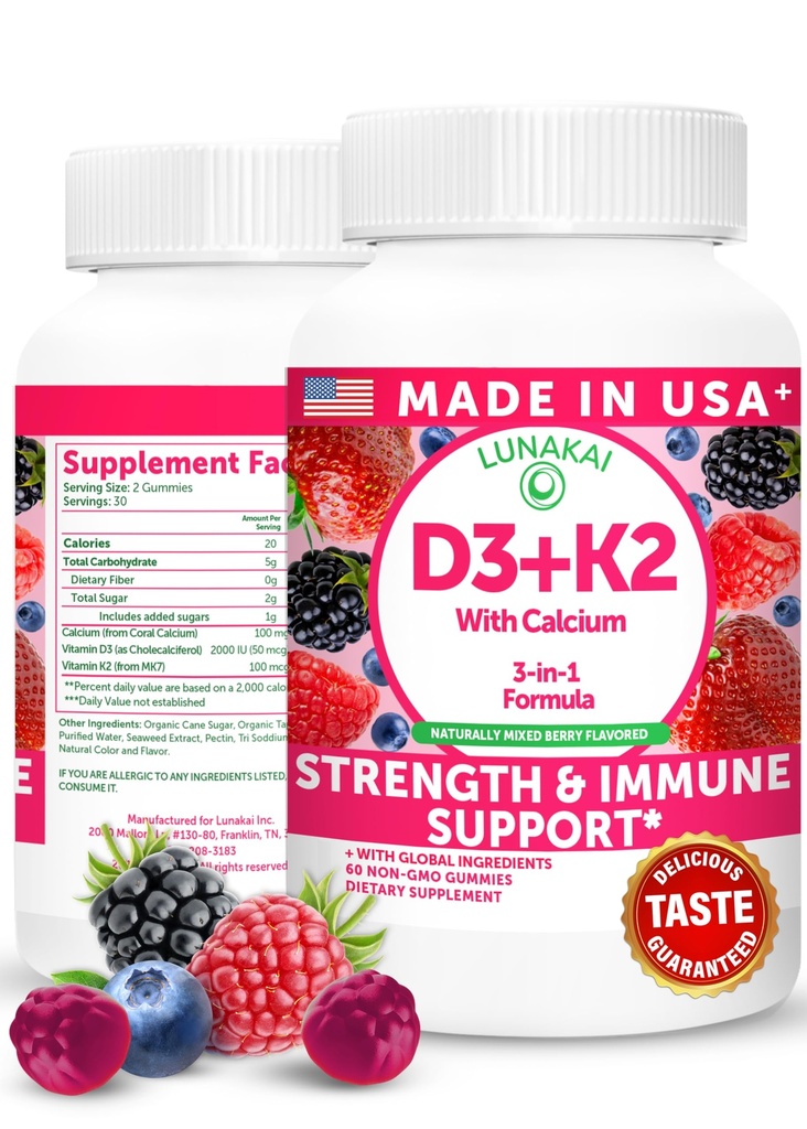 Lunakai USA Made Vitamin D3 K2 Gummies with Calcium – 3-in-1 Daily Vegan Supplement for Bone & Immune Support for Women, Men & Kids, 60ct