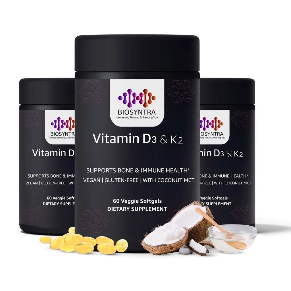 Βιταμίνη D3+K2 με Λάδι Καρύδας - Vegan Vitamin D 5.000 IU & MK7 Βιταμίνη K 110mcg για Οστική, Καρδιά & Ανοσολογική Υποστήριξη, Μη-ΓΤΟ, Δοκιμασμένο Τρίτο Μέρος, Χωρίς Σόγια, Υψηλή Απορρόφηση 60 Veggie Softgels