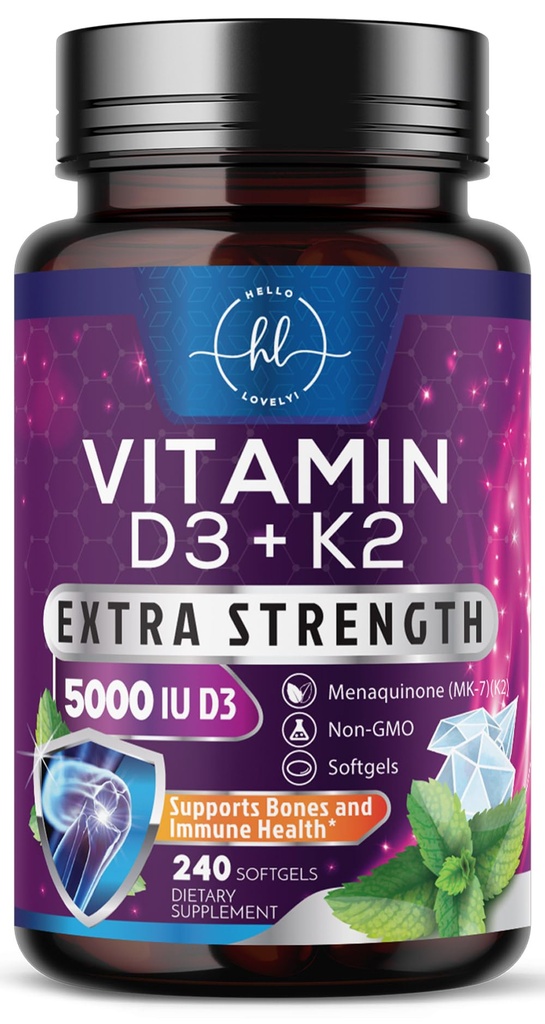 Vitamin D with K2 (MK-7) - Vitamin D3 5000IU (125mcg) Per Serving - D3K2 Complex Supplement for Bone, Teeth, Muscle, Calcium Absorption, Immune Support & Heart Health - Bottled in USA - 240 Softgels