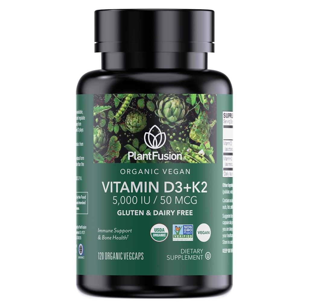 PlantFusion Organic Vegan Vitamin D3 + K2 5,000 IU, 50MCG – Vitamin D Sourced from Plant Based Lichen and Vitamin K2, for Immune Support and Bone Health - 120 Capsules
