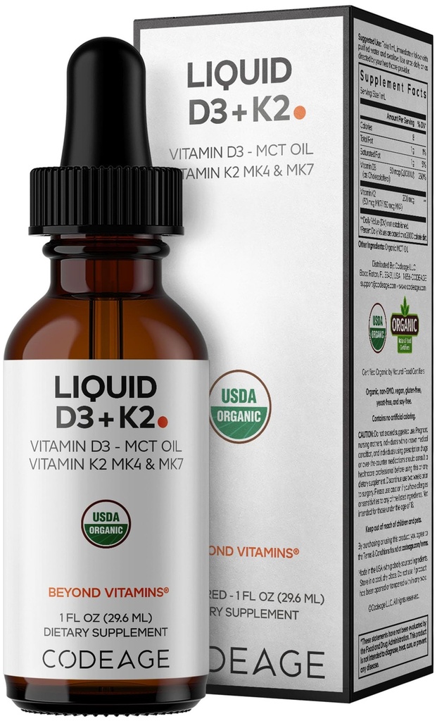 Codeage Liquid D3+K2 Vitamins USDA Organic - Vitamin D3 2000 IU, Vitamin K2 (MK4 & MK7) Liquid Drops - Immune Support - Unflavored - Organic MCT Oil - Non-GMO - 1 fl oz