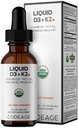 Codeage Liquid D3+K2 Vitamins USDA Organic - Vitamin D3 2000 IU, Vitamin K2 (MK4 & MK7) Liquid Drops - Immune Support - Unflavored - Organic MCT Oil - Non-GMO - 1 fl oz
