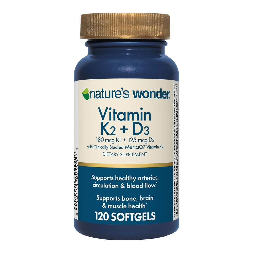 Nature's Wonder Vitamin K2 + D3 with MenaQ7 for Cardiovascular, Brain, Bone and Muscle Health, 120 Softgels, 120 Day Supply