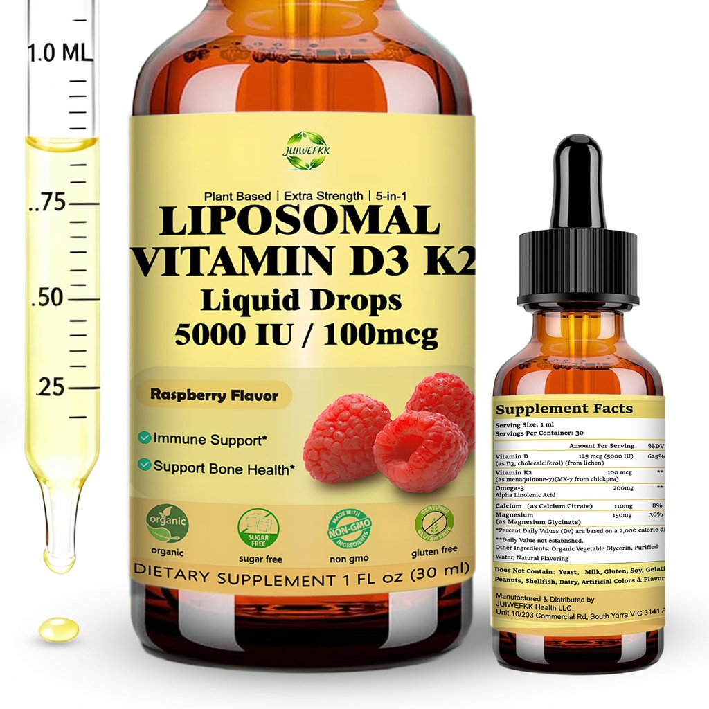 Liquid Vitamin D3 K2 Drops with Calcium Magnesium Omega3, High Potency 5-in-1 D3 K2 Vitamin 5000 IU Supplement for Bone Health, Heart Teeth & Immue, Ultra High Absorption Liposomal D3K2 Plant-Based